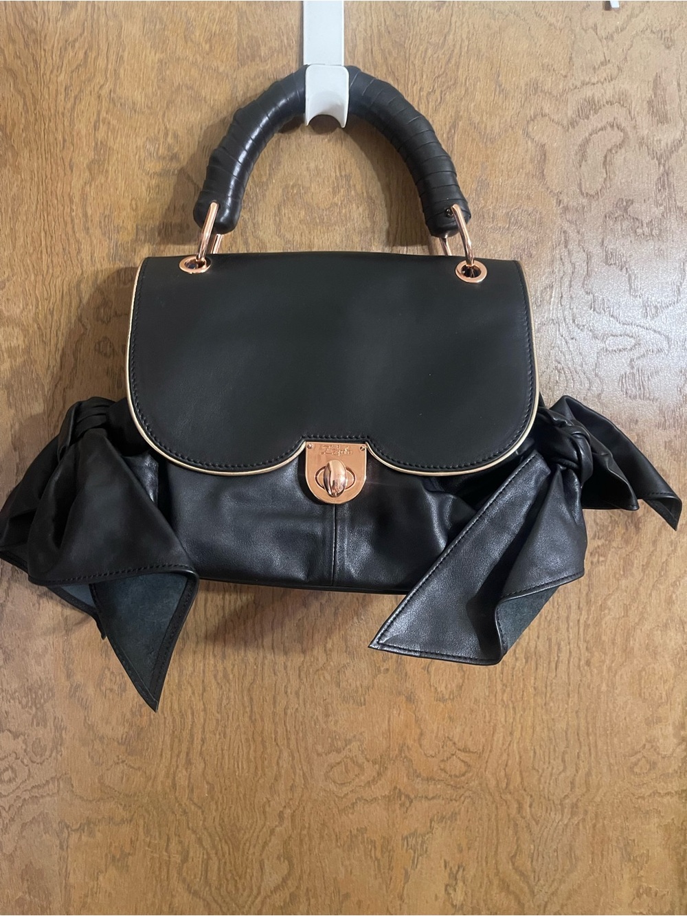 Zac Posen Z’Spoke Black Leather Satchel Handbag with Gold Trim & Bow Accents